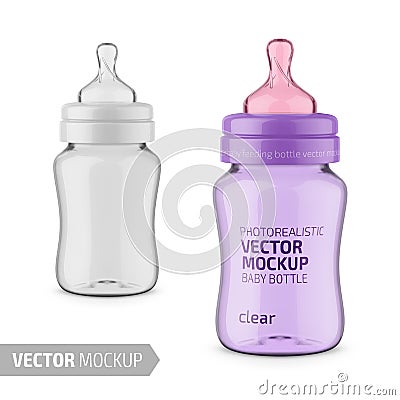 Clear glossy plastic baby bottle vector mockup Cartoon Illustration