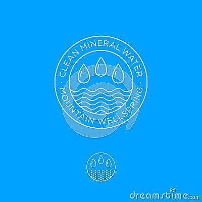 Clear mineral water emblem. Drops and waves in a circle. Vector Illustration