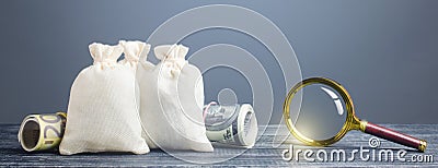 Clear money bags and magnifying glass. Financial monitoring of suspicious cash transactions. Search sources of financing projects Stock Photo