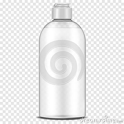 Clear plastic bottle with screw flip top cap filled with liquid on transparent background, realistic vector mockup. Liquid product Vector Illustration