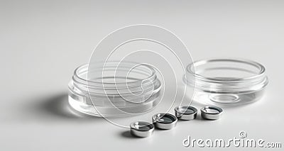 Clear plastic jars with silver lids on a white surface Stock Photo