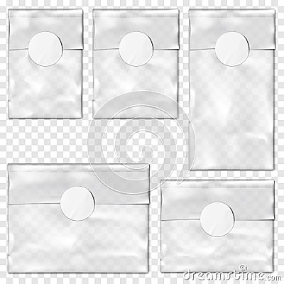 Clear plastic pouch with white round label sticker mock-up set. Vinyl bag with fold top mockup. Transparent cellophane package Vector Illustration