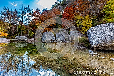 Clear Pool and Bright Leaves at Lost Maples State Park, Texas Stock Photo