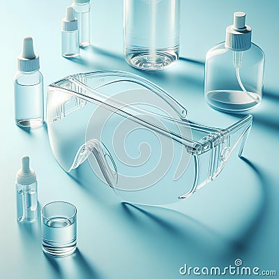 Clear protection Transparent polycarbonate safety glasses on pastel blue background Stock Photo