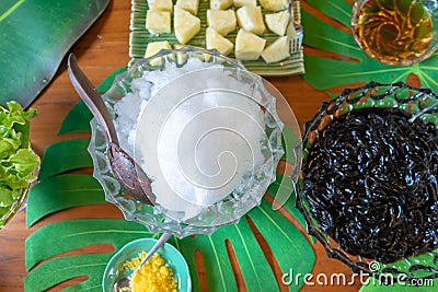 Clear Shave ice with out topping prepare for Thailand black jelly and syrup for dessert after lunch in the summer and hot weather Stock Photo