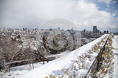 During clear sky with snow ground in Sendai, Japan Stock Photo