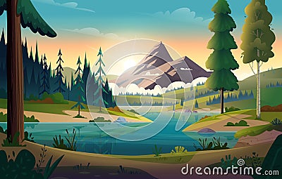 Clear turquoise mountain lake view. Rocky mountains on the river bank. Dawn or sunset in the mountains above the lake Vector Illustration