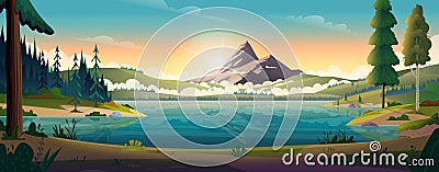 Clear turquoise mountain lake view. Rocky mountains on the river bank. Dawn or sunset in the mountains above the pond Vector Illustration