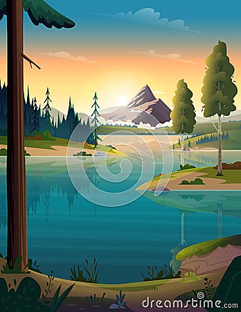 Clear turquoise mountain lake view. Rocky mountains on the river bank. Dawn or sunset in the mountains above the lake Vector Illustration