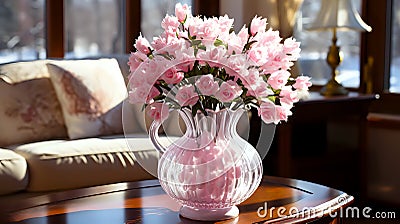 clear vase full of pink roses sits on a wooden table in a sunny room with lamp, giving a feeling of warmth and comfort Stock Photo