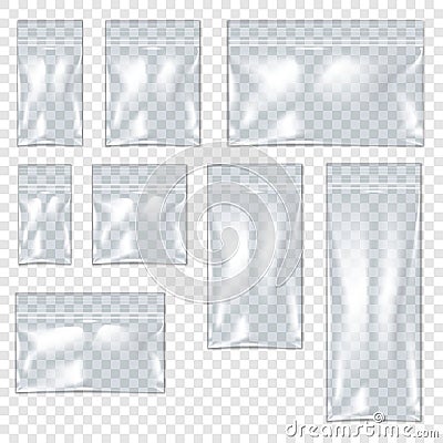 Clear vinyl zipper pouch vector mockup set. Plastic bag with zip lock mock-up. Transparent PVC ziplock package template Vector Illustration