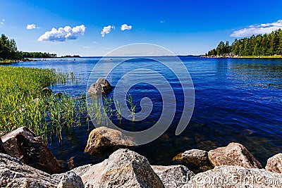 Clear water blue lake with stones and green forest on a sunny summer day in Finland. Stock Photo