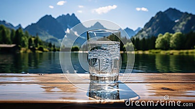 Clear water in a glass reflects the surrounding mountains and blue sky, symbolic of pure nature. Stock Photo