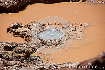 Clear water pond in muddy and rusty water / Volcanic activity in Chile Stock Photo