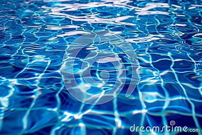 Clear water ripples over blue tiles, forming a mesmerizing abstract Stock Photo