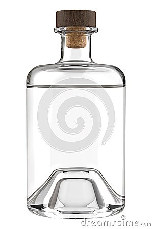 Clear White Glass Bottle of Rum, Whiskey, Vodka, Gin, Sake, Tequila, Brandy, Tincture, Moonshine or Cognac Bottle. Stock Photo