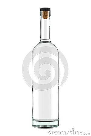 Clear White Glass Vodka, Gin, Rum or Tequila Bottle with Liquid and Cork Isolated on White Background. Stock Photo