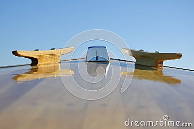 Cleats on Bow Deck of a Wood Strip Boat Stock Photo