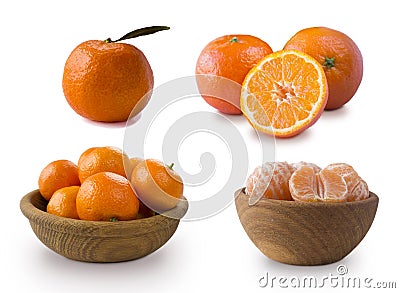 Clementines on a white background. Fresh tangerines with copy space for text. Slices of mandarin with leaves isolated on white bac Stock Photo
