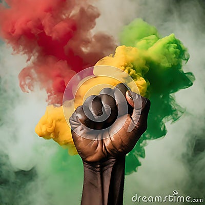 Clenched Fist in an African Hand Amidst Red, Yellow, and Green Smoke Stock Photo