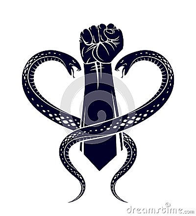 Clenched fist with two snakes classic style tattoo vector vintage symbol. Vector Illustration