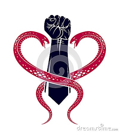 Clenched fist with two snakes classic style tattoo vector vintage symbol. Vector Illustration