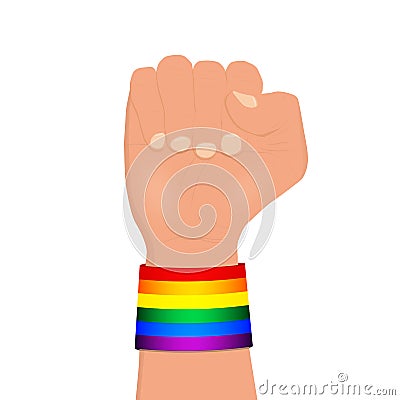 Clenched fist wearing rainbow colored lgbt wristband Vector Illustration