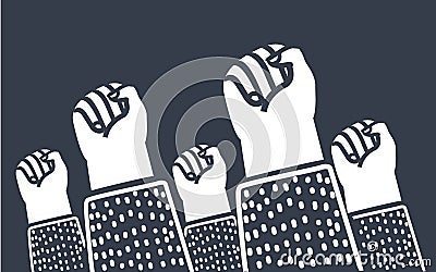 Clenched fists raised in protest. Retro style poster. Protest, strength, freedom, revolution, rebel, revolt concept. Vector Illustration
