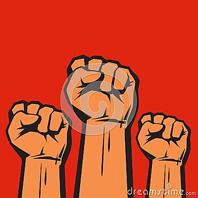 Clenched fists raised in protest. Three human hands raised in the air. Vector illustration. Vector Illustration