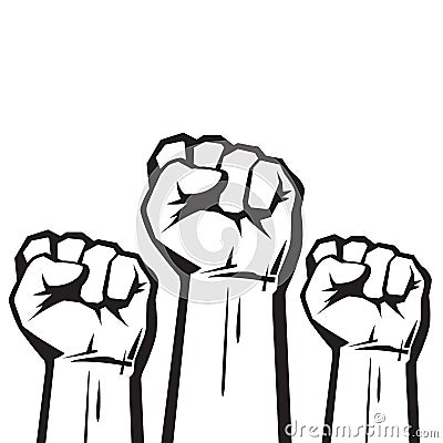 Clenched fists raised in protest. Three human hands raised in the air. Vector illustration. Vector Illustration