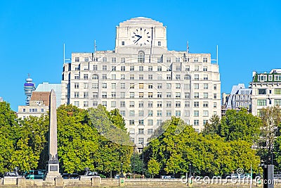 Cleopatra`s Needle and facade of Shell Mex House in the Victoria Embankment, London Stock Photo
