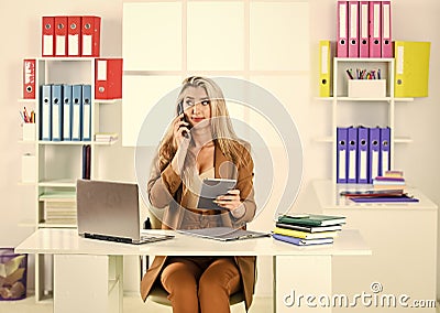 Clerical and administrative duties. Woman coordinator in office. Coordinator. Project coordinator work to assist project Stock Photo