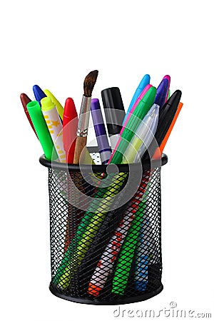 Clerical glass with pens and felt-tip pens on a white background Stock Photo