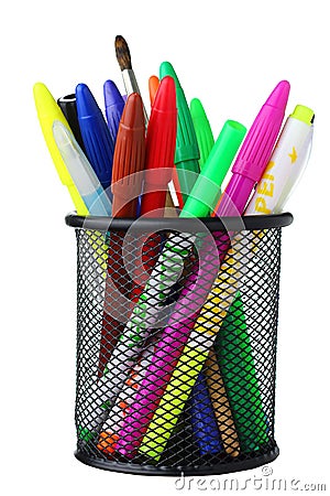 Clerical glass with pens and felt-tip pens on a white background Stock Photo