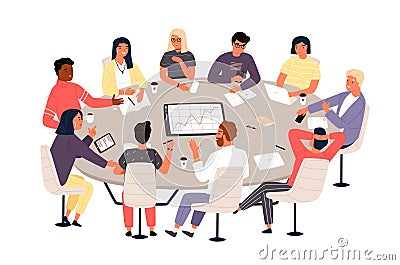 Clerks or colleagues sitting at round table and discussing ideas or brainstorming. Business meeting, formal negotiation Vector Illustration