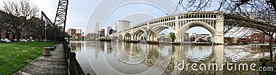 Cleveland Ohio Downtown City Skyline Cuyahoga River Stock Photo