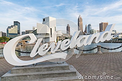 Cleveland Sign and Skyline from Harbor Walkway Editorial Stock Photo