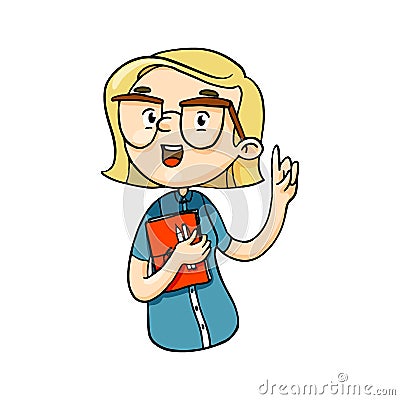 Clever cartoon girl talking important things with finger up. Vecor isolated hand drawn character Stock Photo