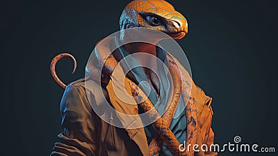 clever forceful orange snake, digital art illustration, Generative AI Cartoon Illustration