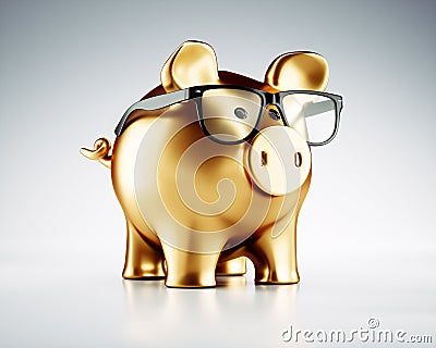 Clever golden piggy bank with glasses Cartoon Illustration