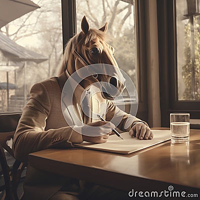 Clever Hans theory, Horse in a Suit Writing with Pen, Solving Mathematical Problems, Generative AI Stock Photo