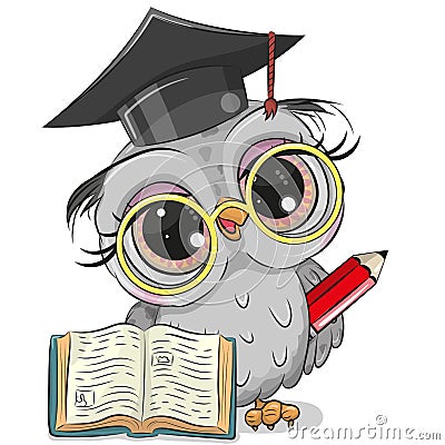 Clever owl with pencil, book and in graduation cap Vector Illustration