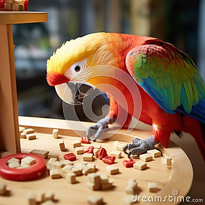 A clever Parrot solving a puzzle toy, using its beak and claws to unlock hidden treats by AI generated Stock Photo