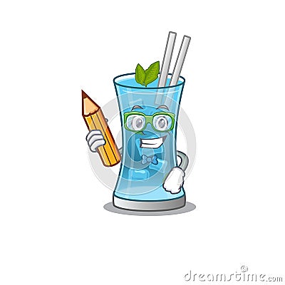 A clever student blue hawai cocktail cartoon character study at home Vector Illustration