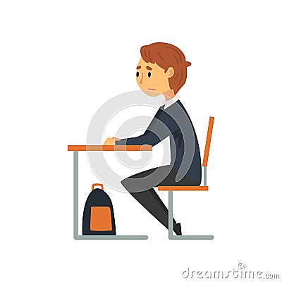 Clever Student Sitting at Desk in Classroom, Side View, Schoolboy in Uniform Studying at School, College Vector Vector Illustration