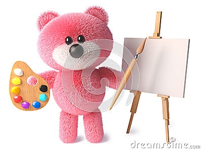Clever teddy bear with cuddly pink fur is an artist with paintbrush palette and easel, 3d illustration Cartoon Illustration
