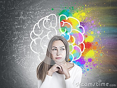 Clever young businesswoman thinking, science brain Stock Photo