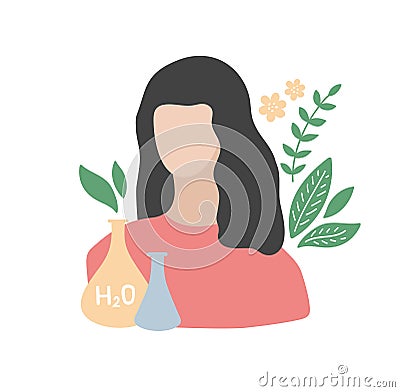 Clever young woman with her occupations objects - tests tubes for chemestry experiments. Vector Illustration