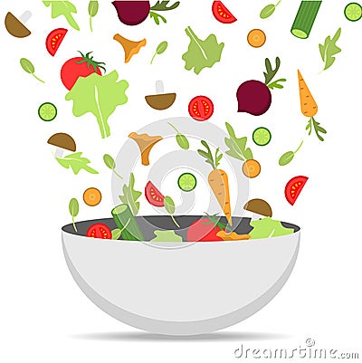 Cliced vegetables and mushrooms fly into the plate Vector Illustration