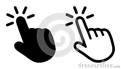 Click button with hand pointer clicking. Click here web button. Isolated website hand finger clicking cursor set – vector Vector Illustration